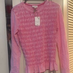 Girls' Pink Smocked Long-Sleeve Peplum Top